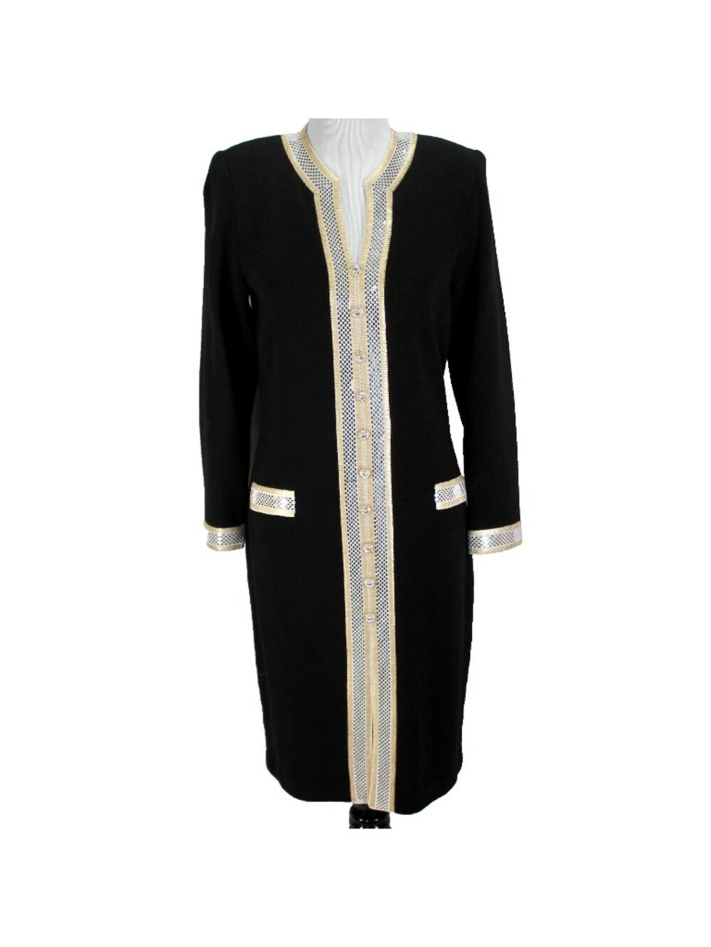 Vintage Toula Sweater Knit Dress Womens Size 10 Black Gold Silver Long Sleeve